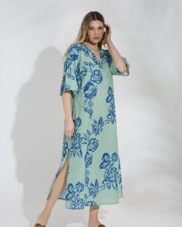 Μάξι Mint Φόρεμα με Μπλε Floral Patterns