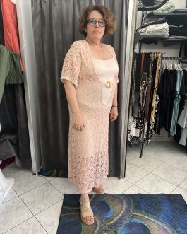 Μάξι Coral Καφτάνι από Γεωμετρική Δαντέλα