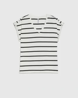 Ριγέ T-Shirt με V και Επωμίδες – Μαύρο