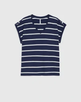 Ριγέ T-Shirt με V και Επωμίδες – Μπλε Ναυτικό