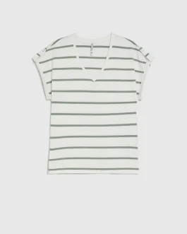 Ριγέ T-Shirt με V και Επωμίδες – Χακί