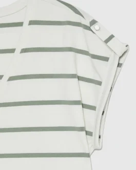 Ριγέ T-Shirt με V και Επωμίδες – Χακί