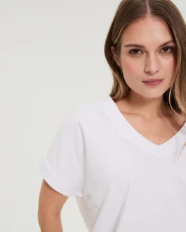 T-Shirt με V και Ρεβέρ – Καθαρό Λευκό