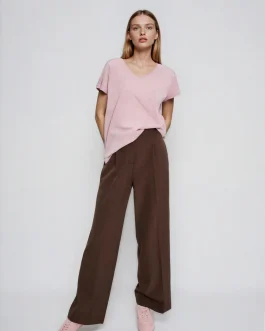Μονόχρωμο Dusty Pink T-Shirt με V