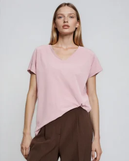 Μονόχρωμο Dusty Pink T-Shirt με V