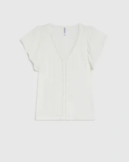 T-Shirt με V και Στρας – Off White