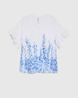 Λευκό T-Shirt με Μπλε Botanical Print